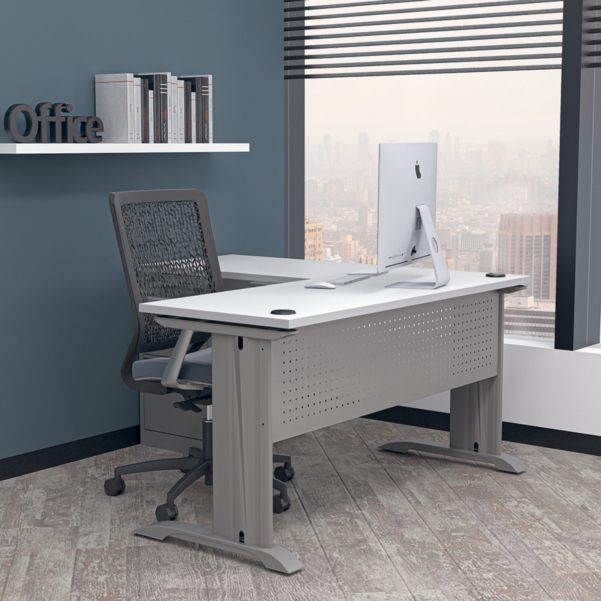 Indigo Series L-Shaped Desk with Modesty Panel and Box Legs | 6x6 | 8 Laminate options