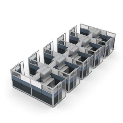 Render of 10-Person Cubicle Workstations with Sliding Door and Storage
