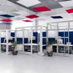 a series of small office created using interior wall system called the Sapphire Wall System by SKUTCHI Designs