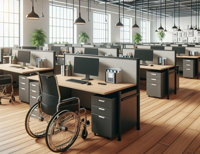 An open style office, filled with dozens of cubicle workstations with seating for a wheelchair demonstrating accessibility in the workplace.
